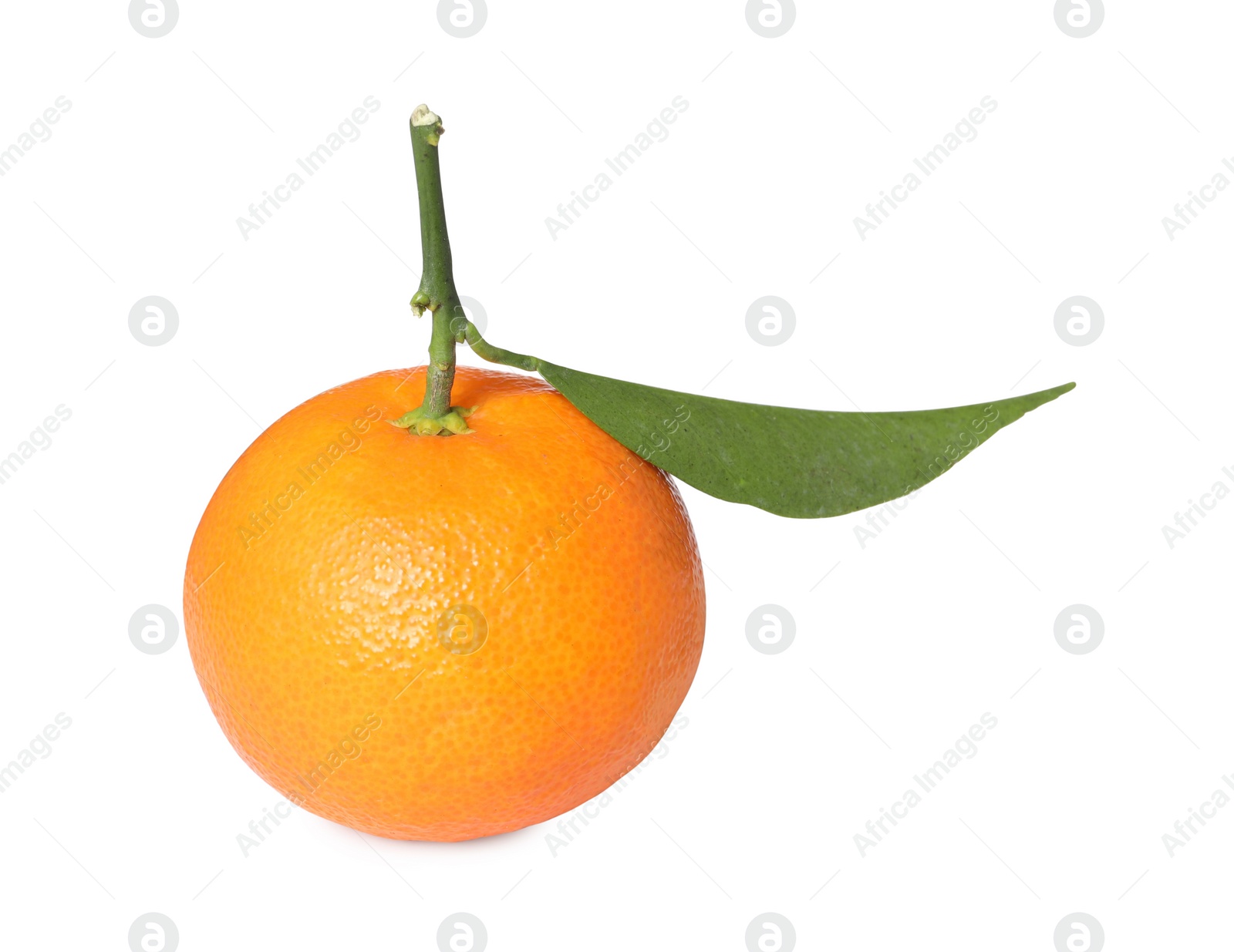 Photo of Fresh ripe juicy tangerine with green leaf isolated on white