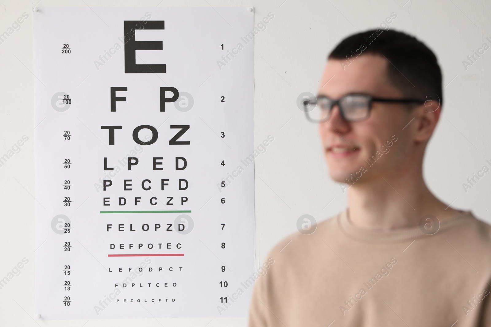 Photo of Young man with glasses against vision test chart, selective focus