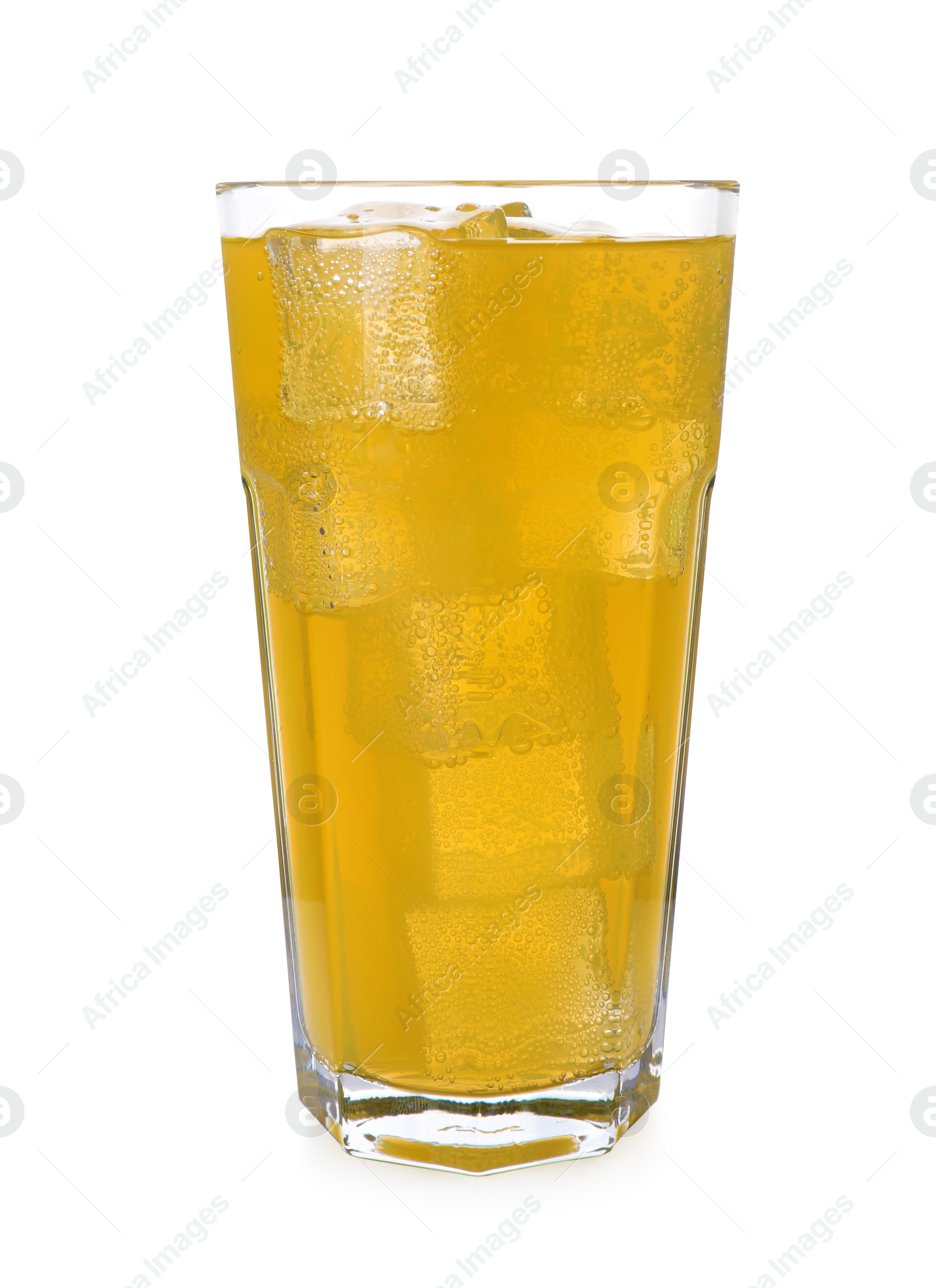 Photo of Glass of refreshing soda water with ice cubes isolated on white