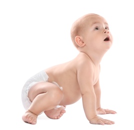 Photo of Cute little baby crawling on white background