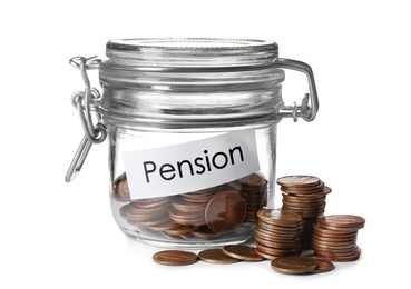 Glass jar with label PENSION and coins on white background