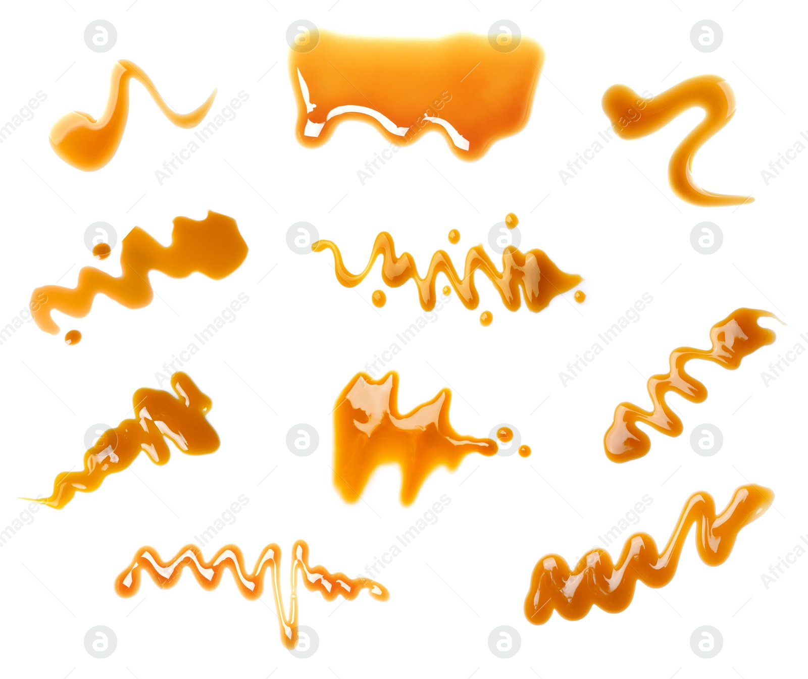 Image of Set with samples of caramel sauce on white background