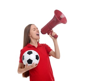 Photo of Emotional sports fan with ball and megaphone on white background