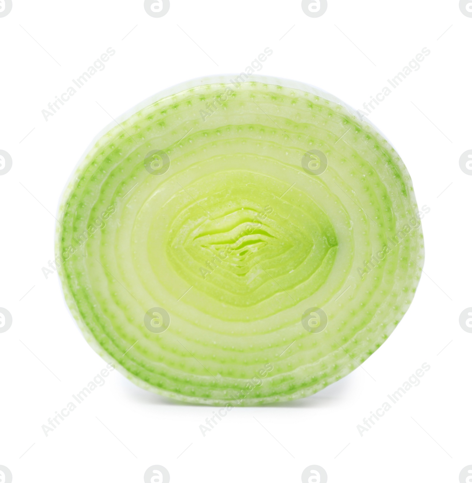 Photo of Fresh raw leek slice on white background. Ripe onion