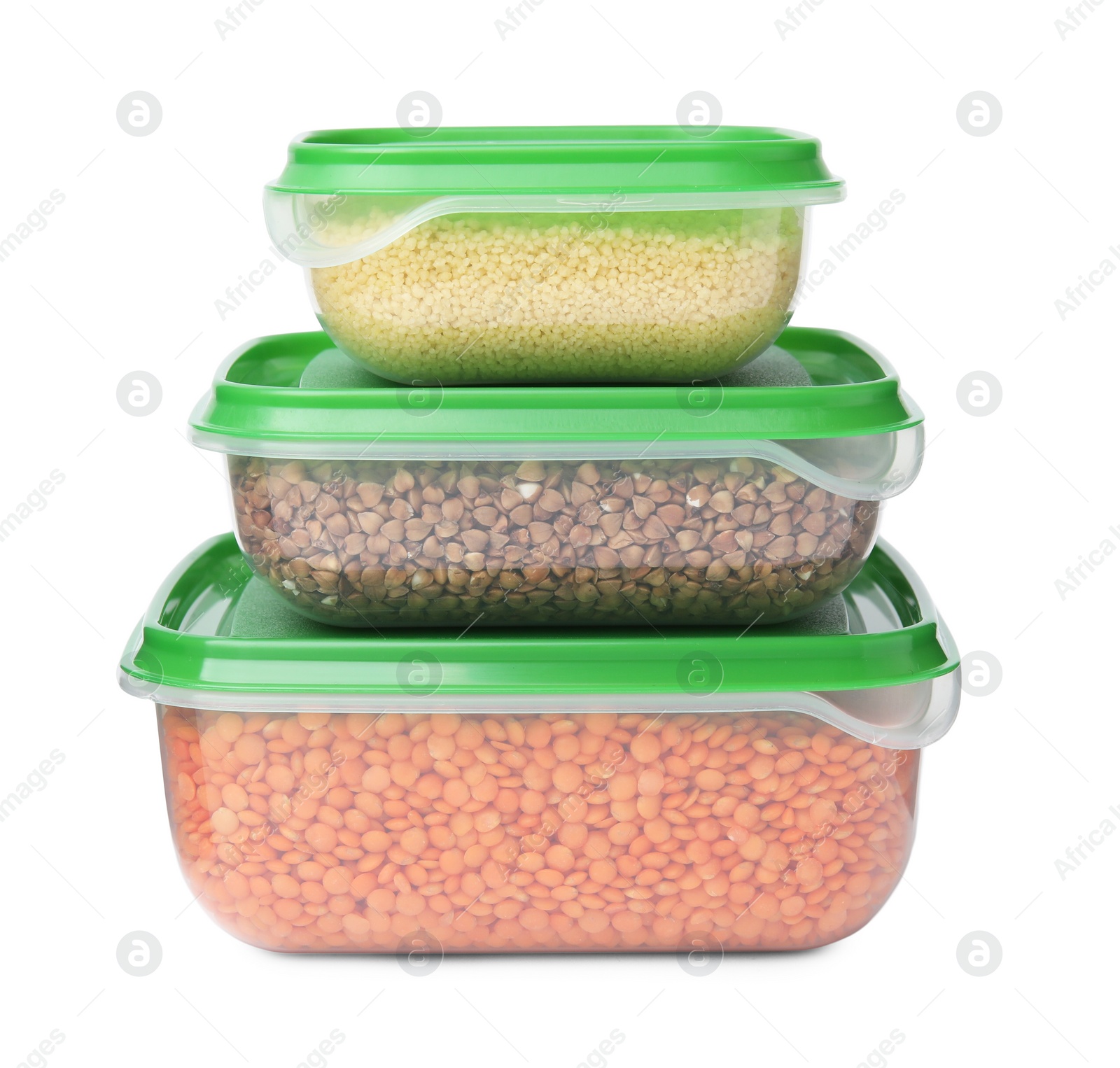 Photo of Plastic containers filled with food products isolated on white