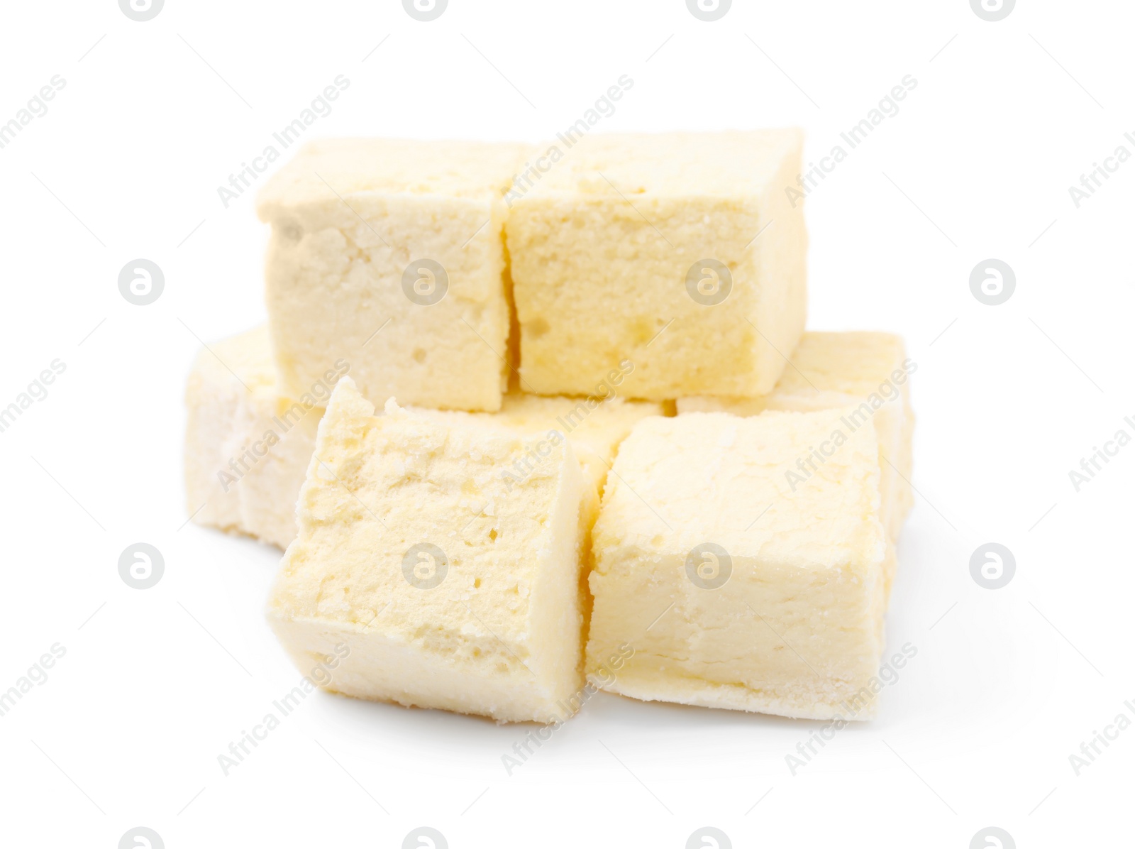 Photo of Pile of delicious sweet marshmallows on white background