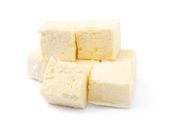 Pile of delicious sweet marshmallows on white background