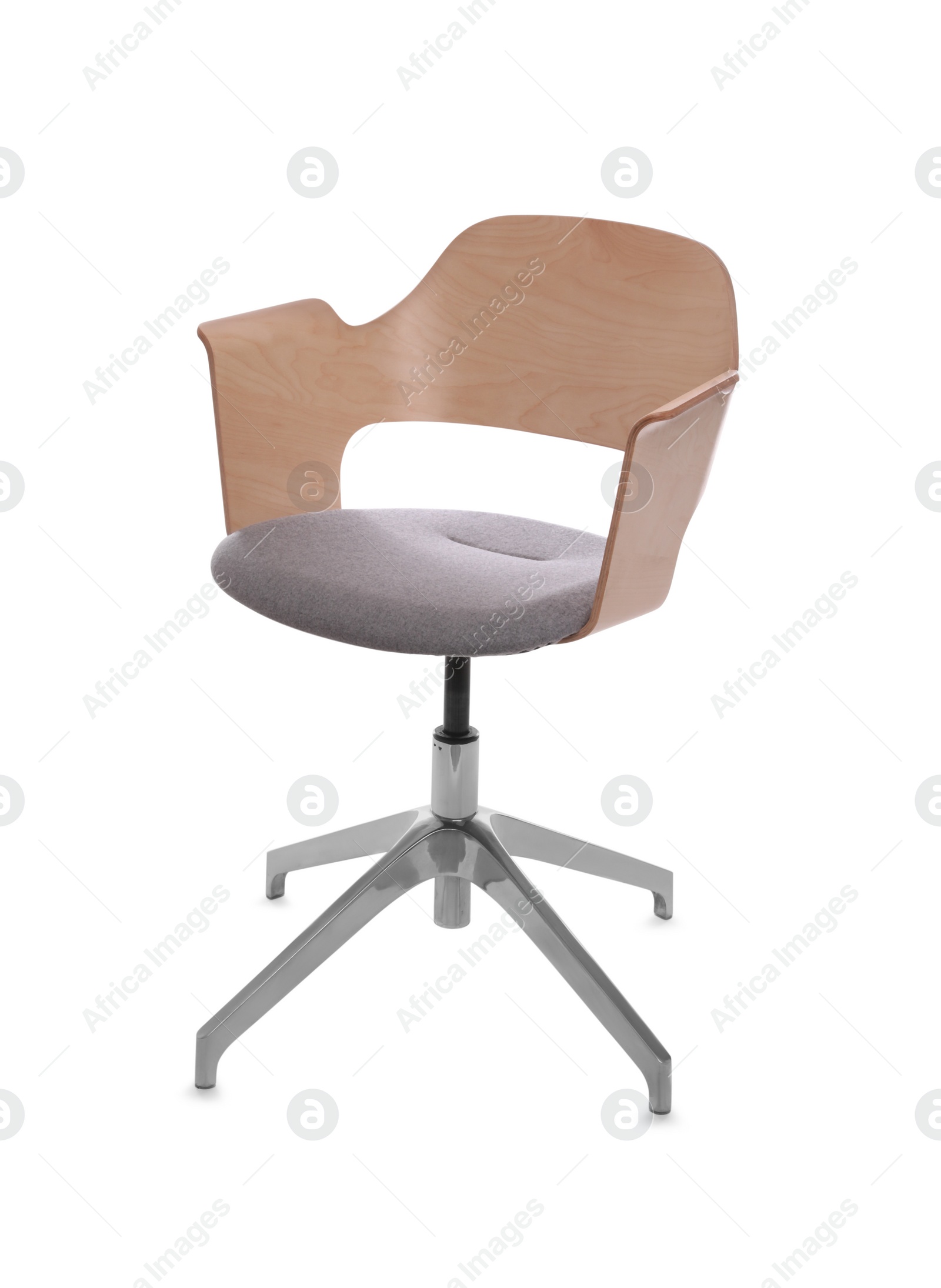 Photo of Comfortable office chair with wooden back isolated on white