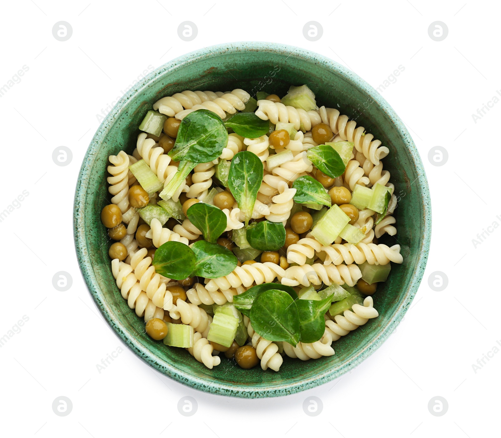 Photo of Tasty pasta salad on white background