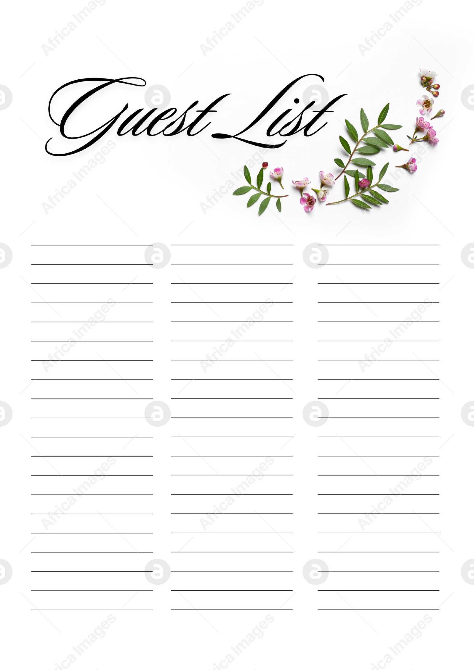 Image of Guest list design with beautiful flowers and empty lines