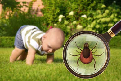 Seasonal danger hidden in green grass. Adorable little baby outdoors. Illustration of magnifying glass with tick, selective focus