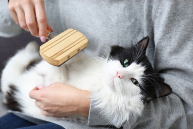 Photo of Woman brushing cute black and white cat, closeup