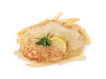 Tasty fish in soda water batter, potato chips and lemon slice isolated on white, top view