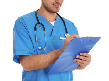 Doctor with clipboard on white background, closeup