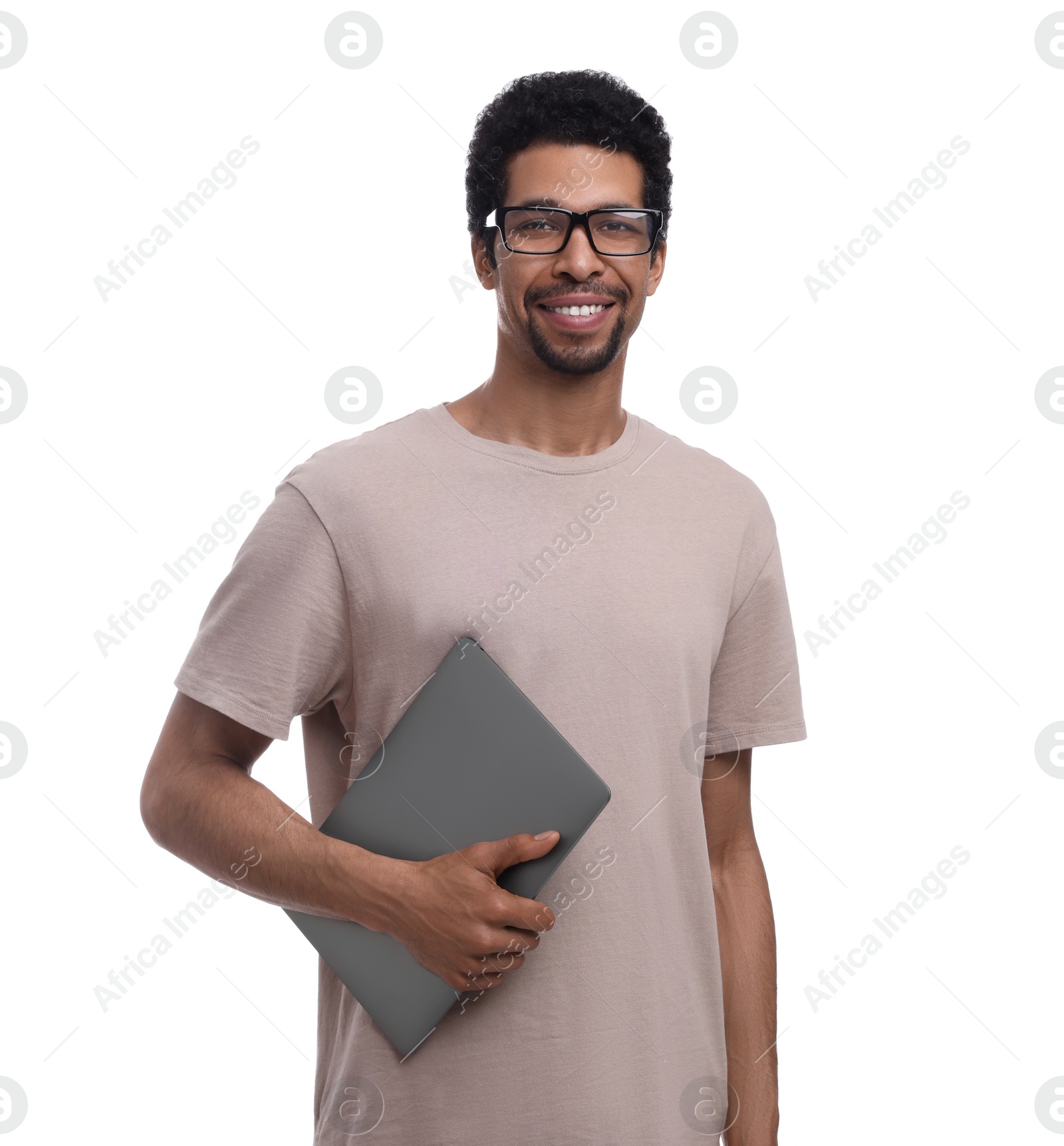 Photo of Smiling man with laptop on white background