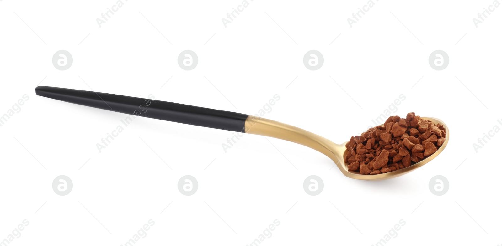 Photo of Spoon with aromatic instant coffee isolated on white