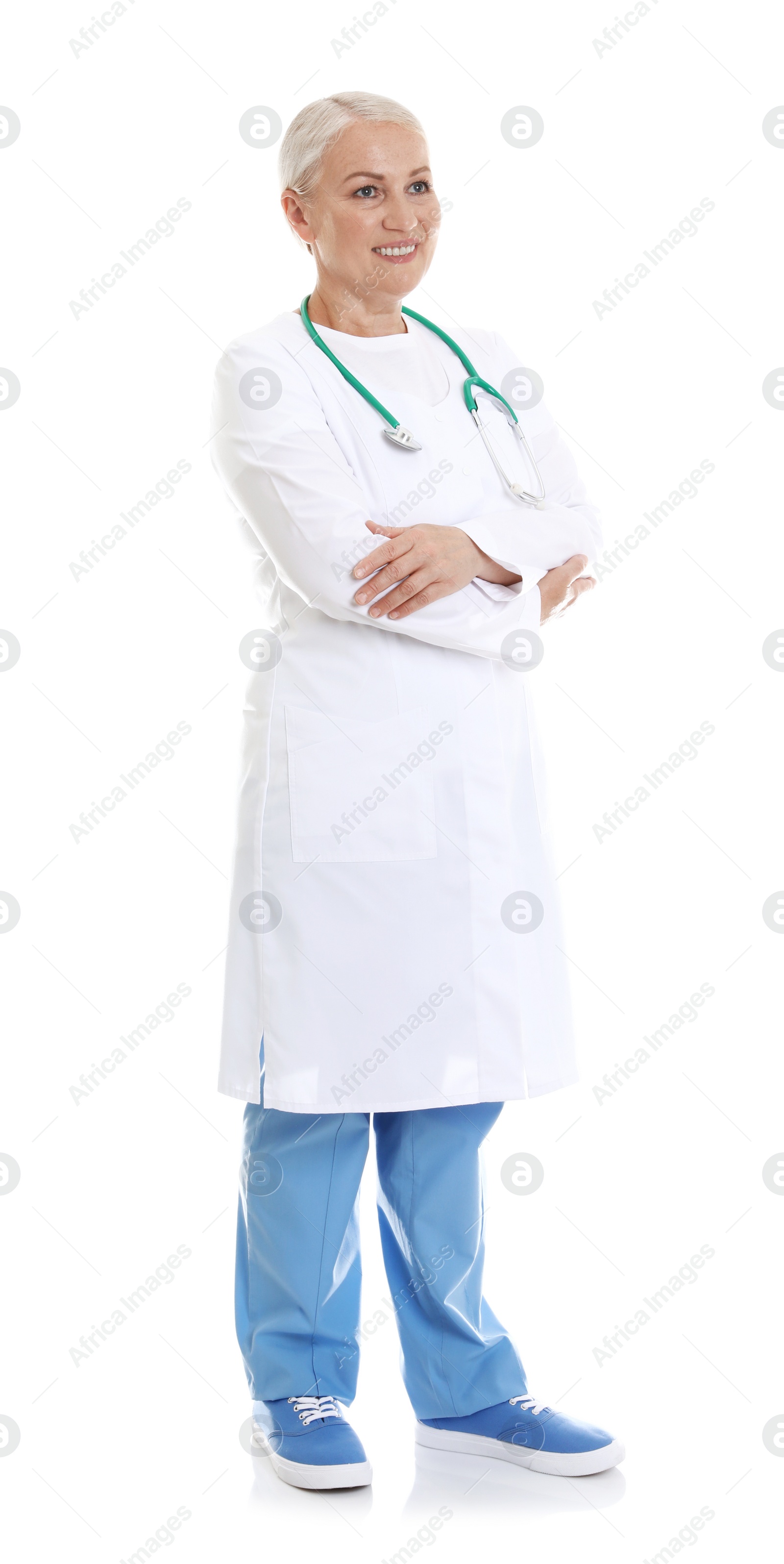 Photo of Full length portrait of female doctor isolated on white. Medical staff