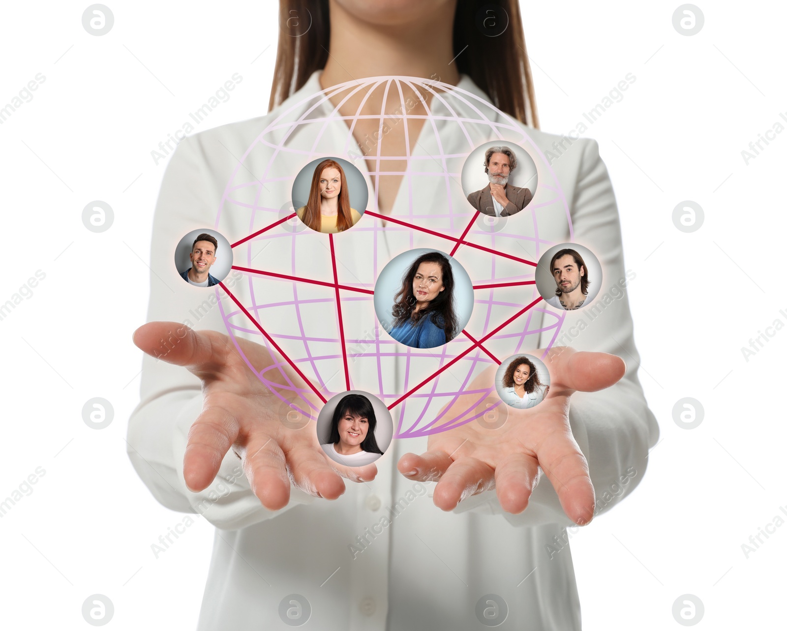 Image of Woman holding globe illustration with scheme of avatars linked together as network on white background, closeup