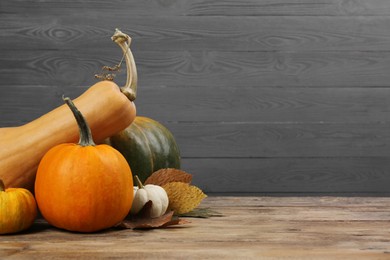 Happy Thanksgiving day. Many different pumpkins and leaves on wooden table, space for text