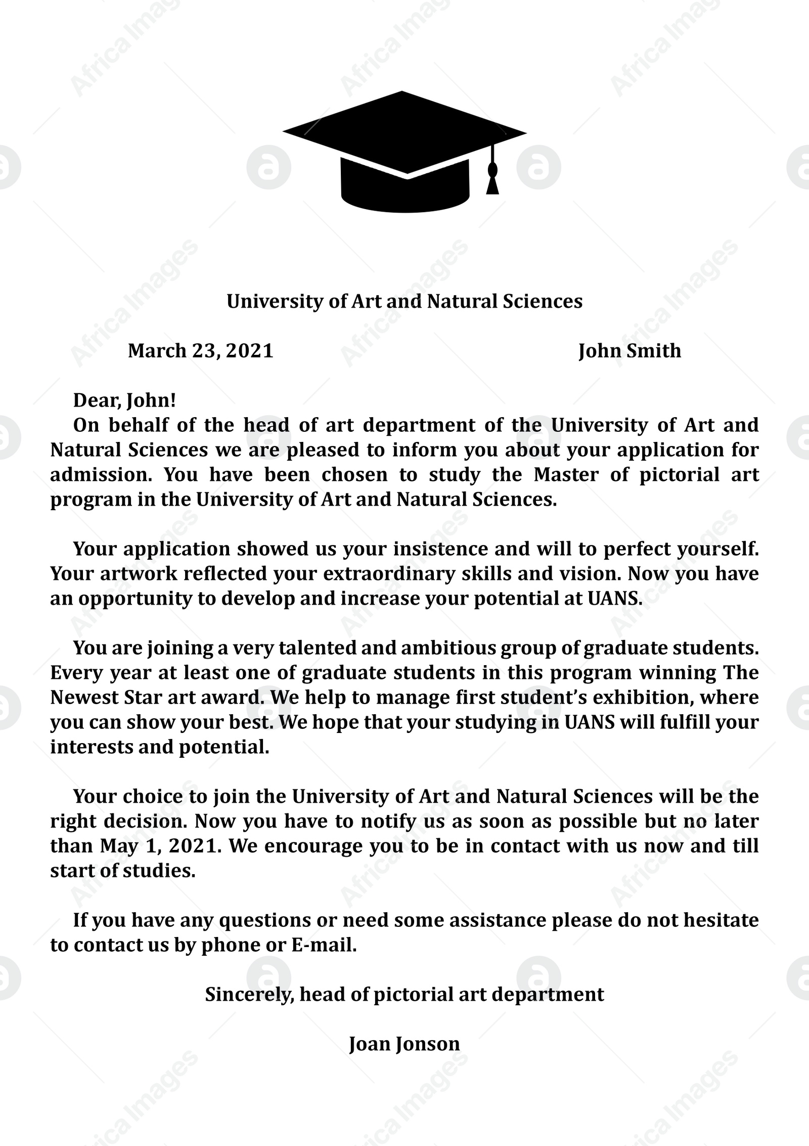 Illustration of University acceptance letter to prospective student, illustration
