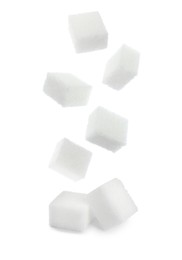 Image of Flying cubes of sugar on white background