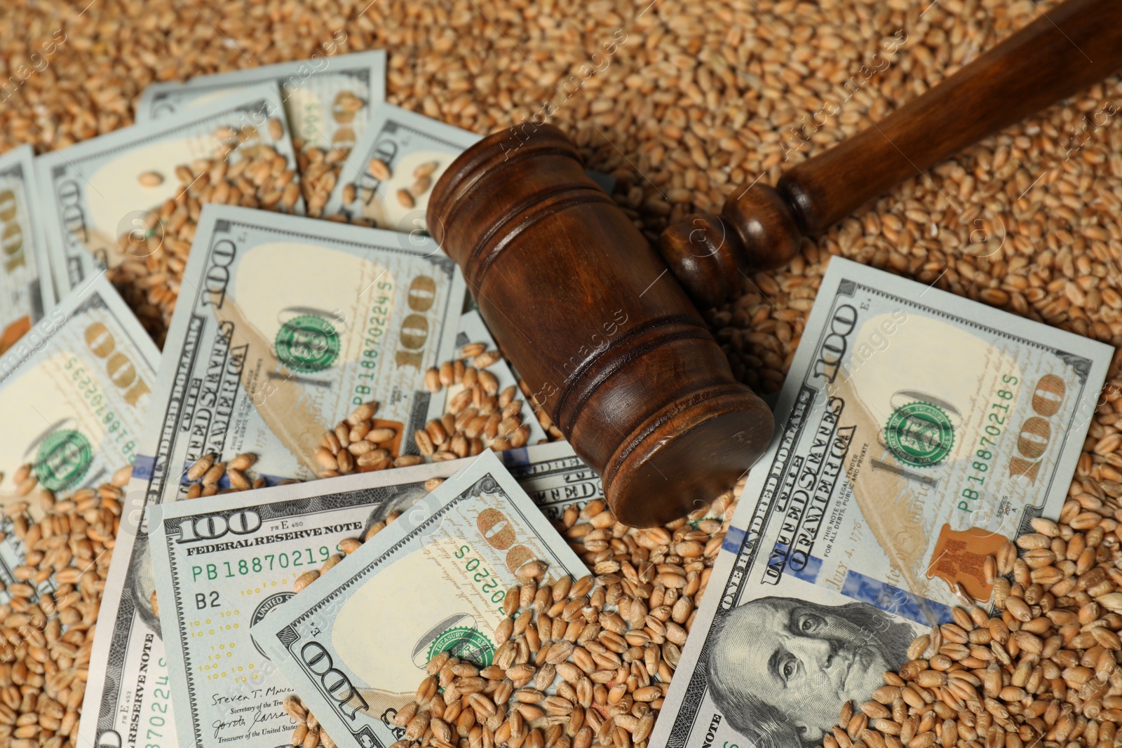 Photo of Dollar banknotes and wooden gavel on wheat grains, closeup. Agricultural business