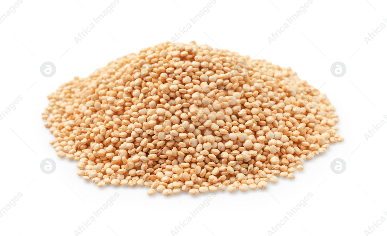 Photo of Many raw quinoa seeds isolated on white