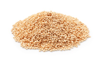 Photo of Many raw quinoa seeds isolated on white