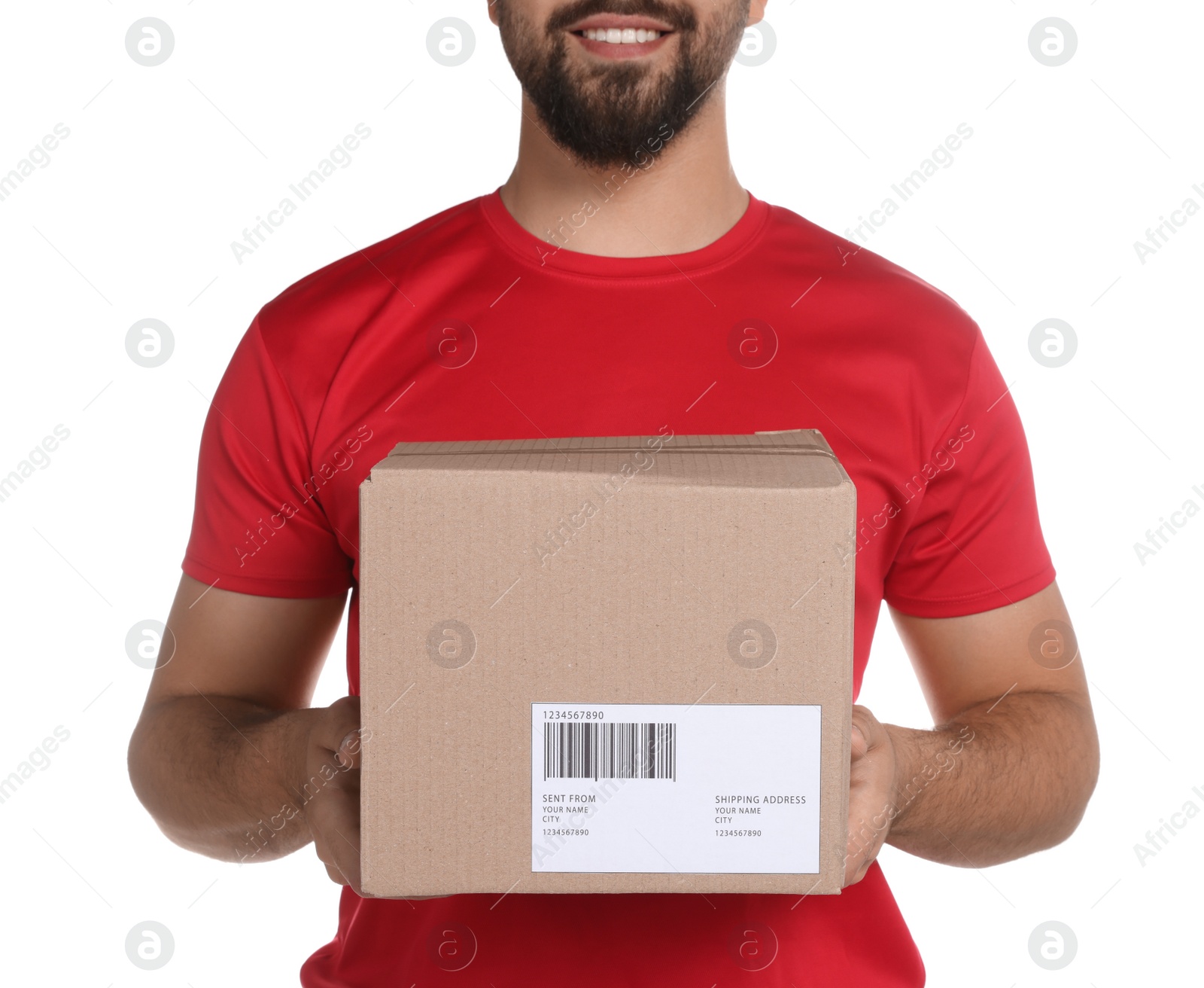 Photo of Courier holding cardboard box on white background, closeup