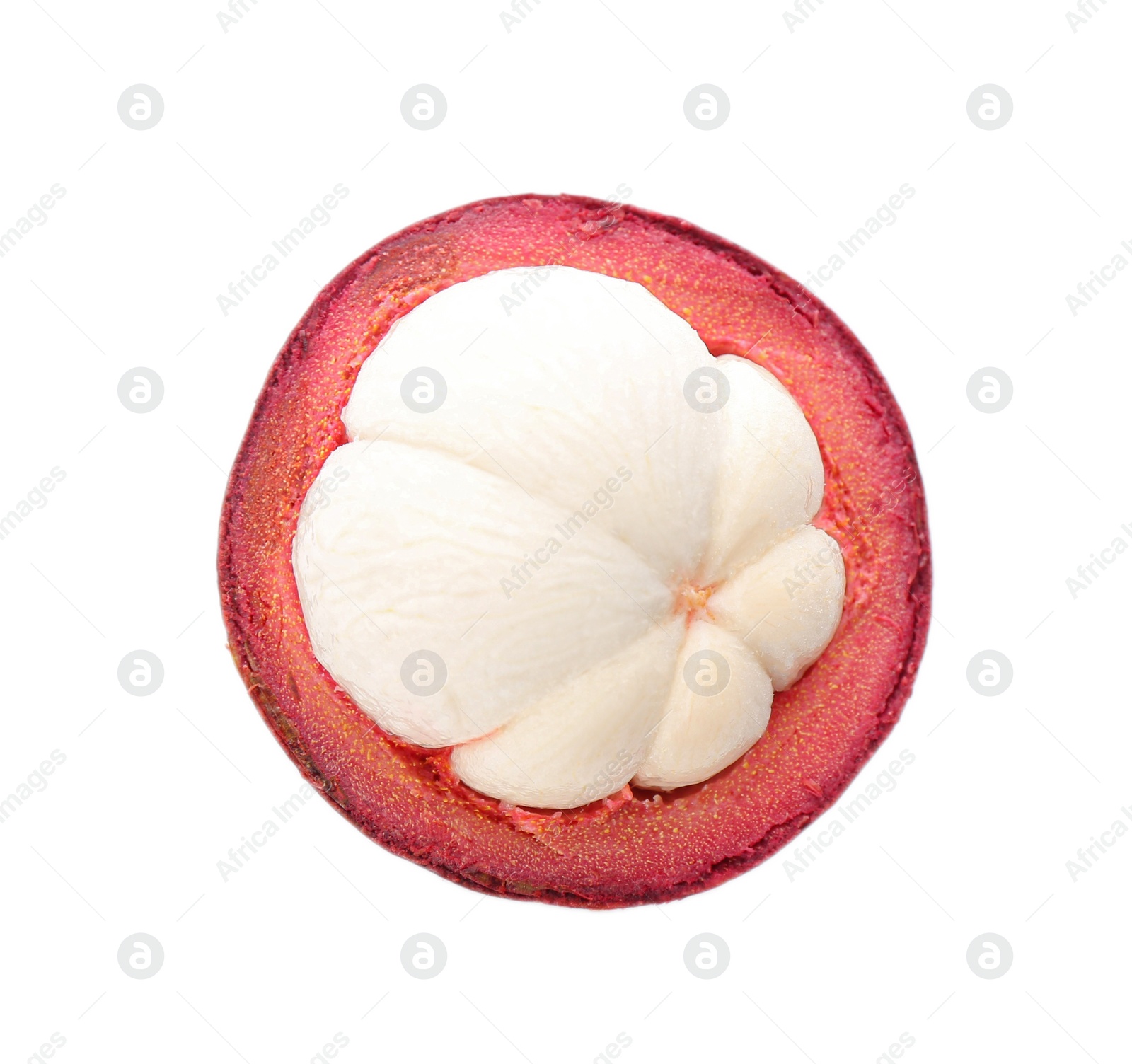 Photo of Delicious cut mangosteen fruit isolated on white, top view