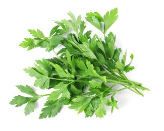 Photo of Sprigs of fresh green parsley leaves isolated on white, top view