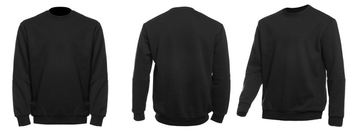 Black sweater isolated on white, back and front. Mockup for design