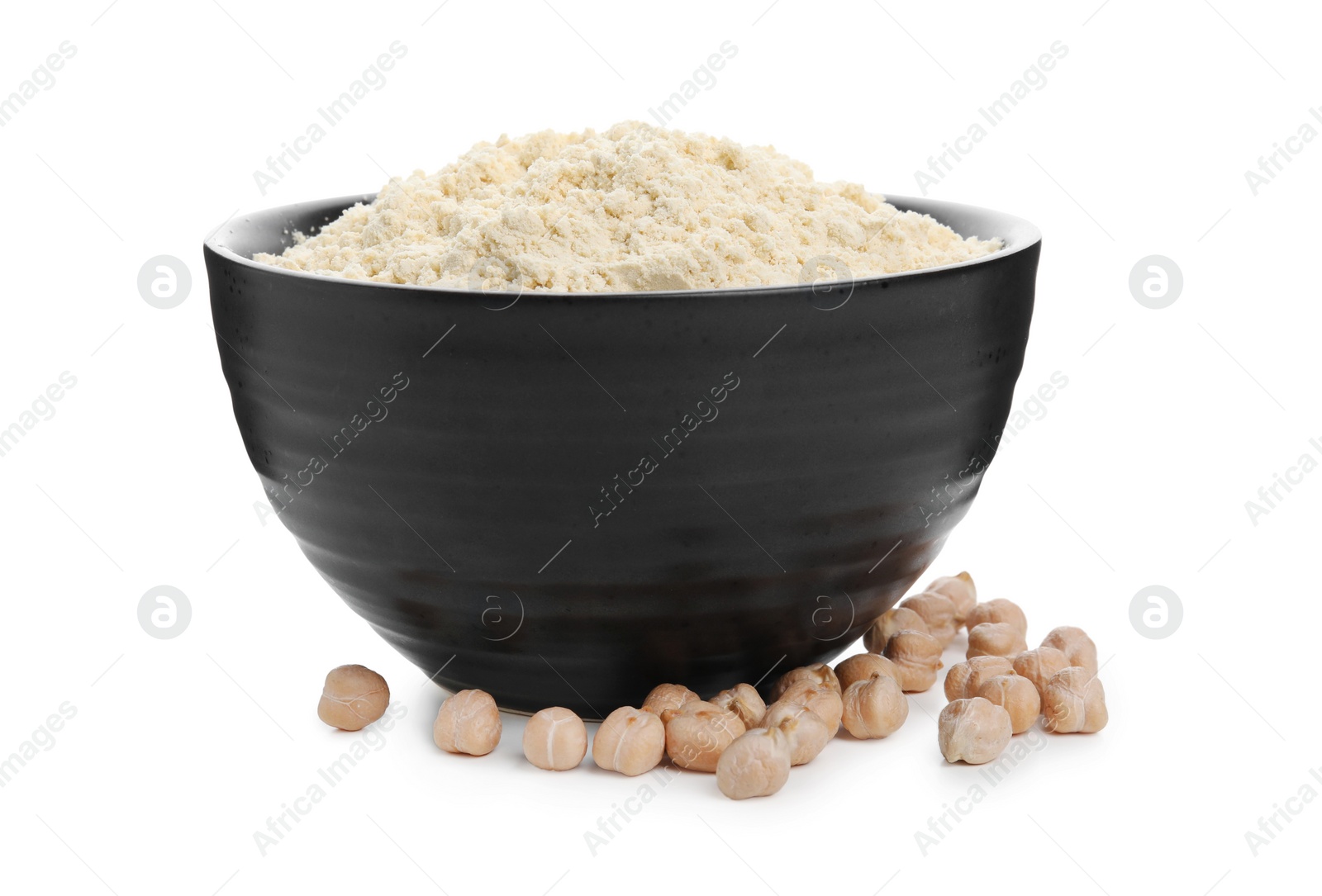 Photo of Chickpea flour in bowl and seeds isolated on white