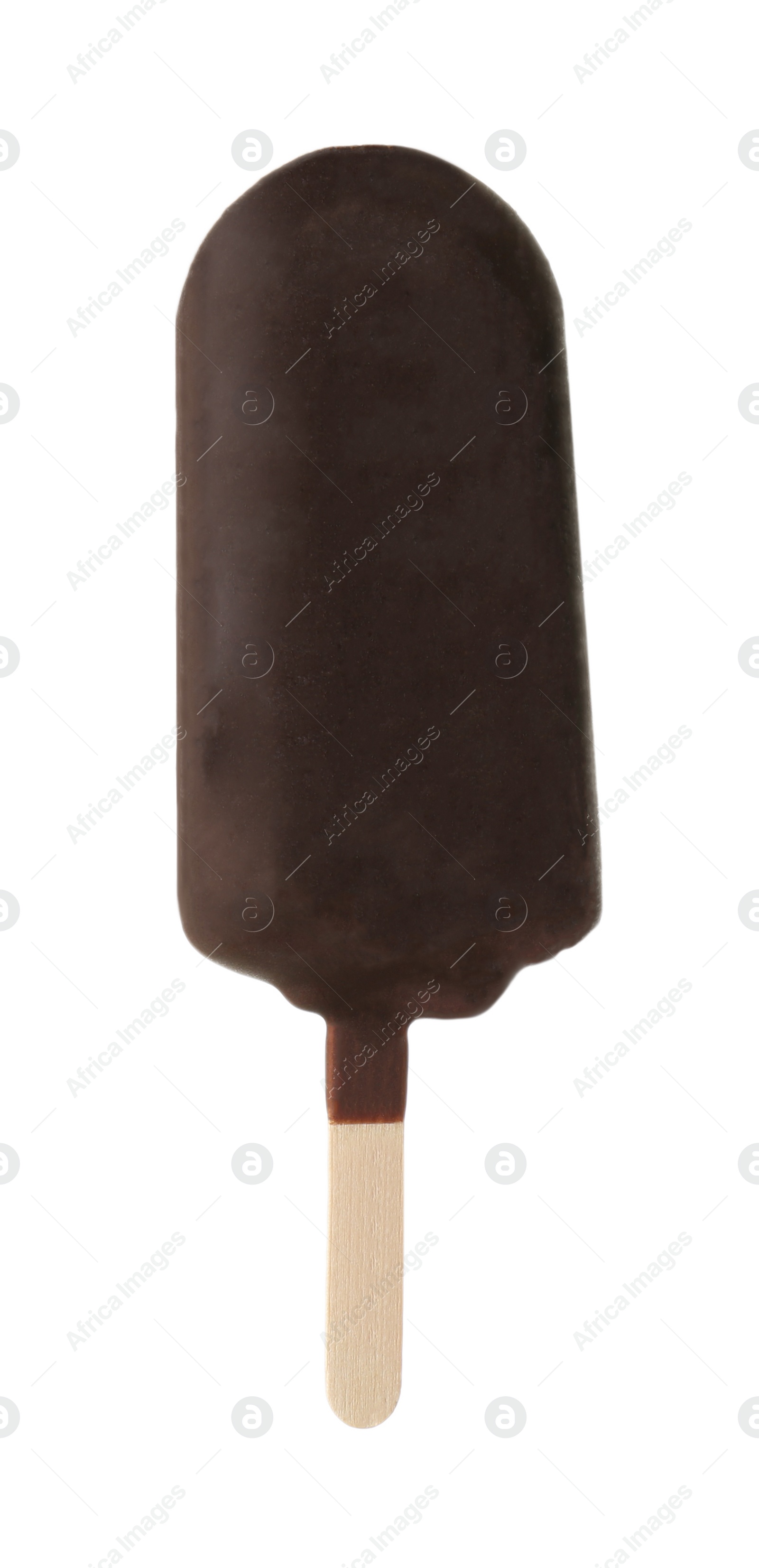 Photo of Woman holding delicious ice cream with chocolate against white background