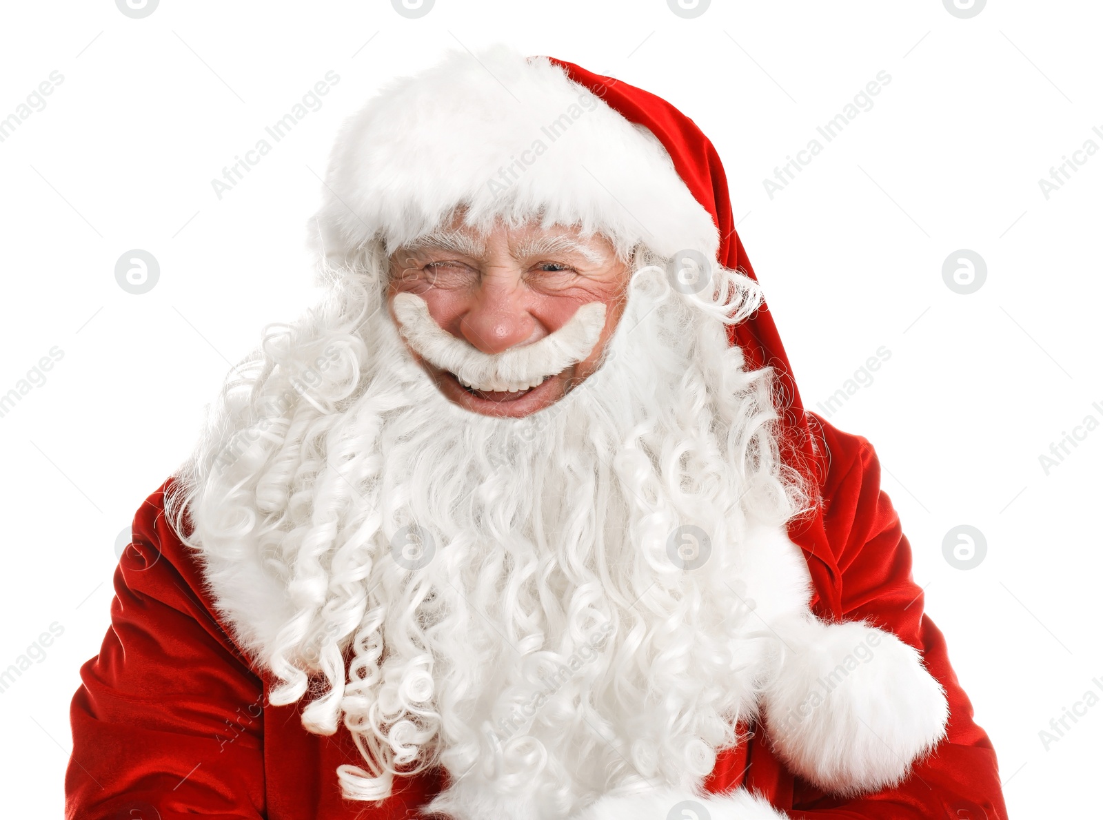 Photo of Portrait of authentic Santa Claus on white background