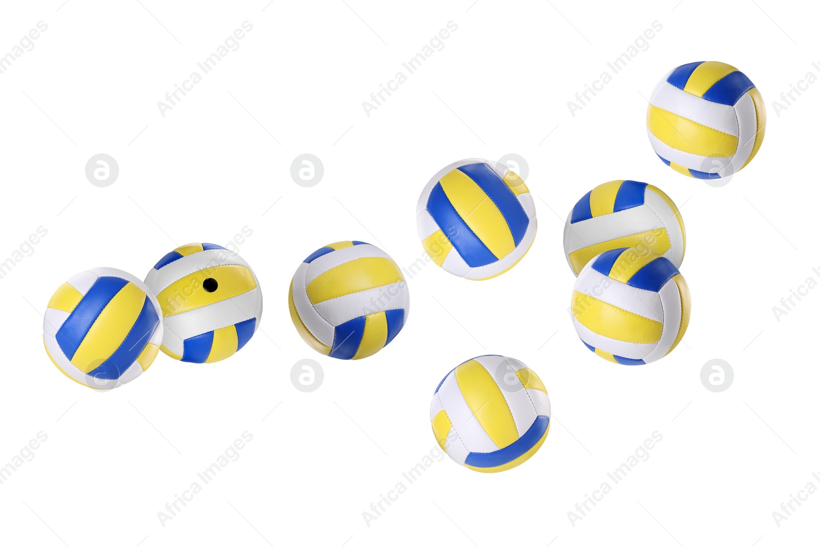 Image of Many volleyball balls flying on white background