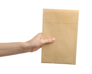 Woman holding kraft paper envelope on white background, closeup