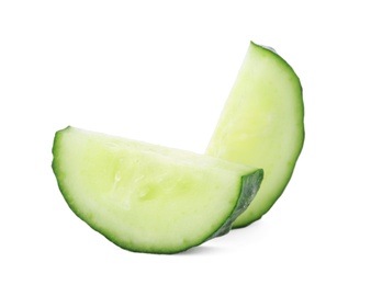 Photo of Slices of fresh cucumber on white background