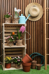 Photo of Composition with different gardening tools on artificial grass at wooden wall