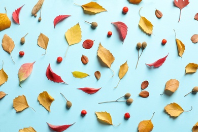 Photo of Flat lay composition with autumn leaves on color background