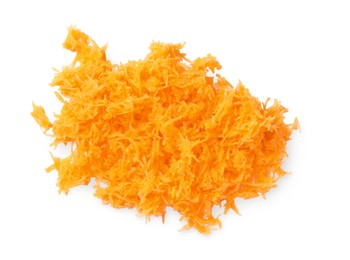 Pile of fresh grated carrot on white background, top view