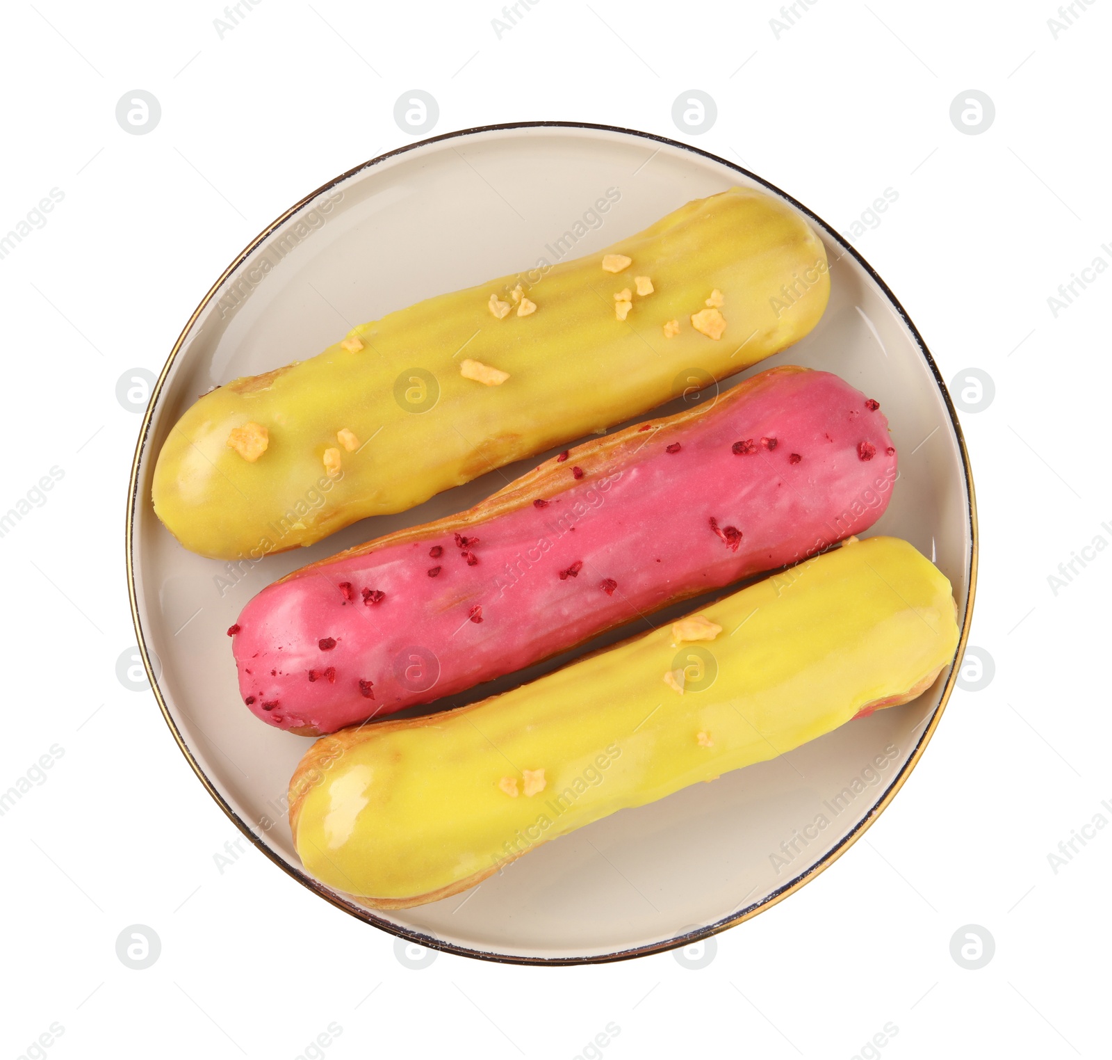 Photo of Delicious eclairs covered with glaze isolated on white, top view