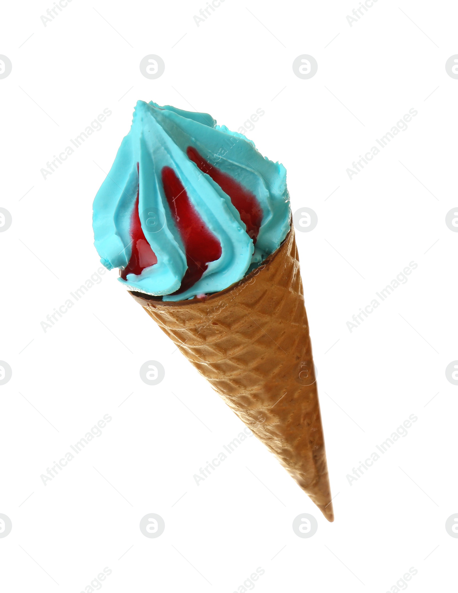 Photo of Woman holding waffle cone with delicious ice cream on white background