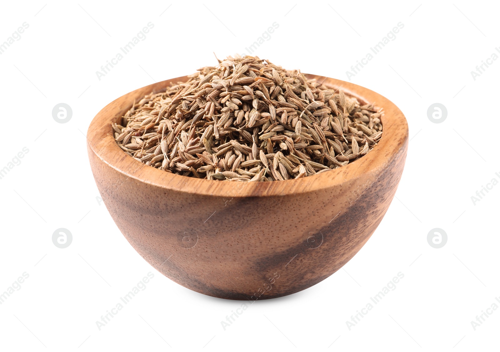 Photo of Bowl of aromatic caraway (Persian cumin) seeds isolated on white