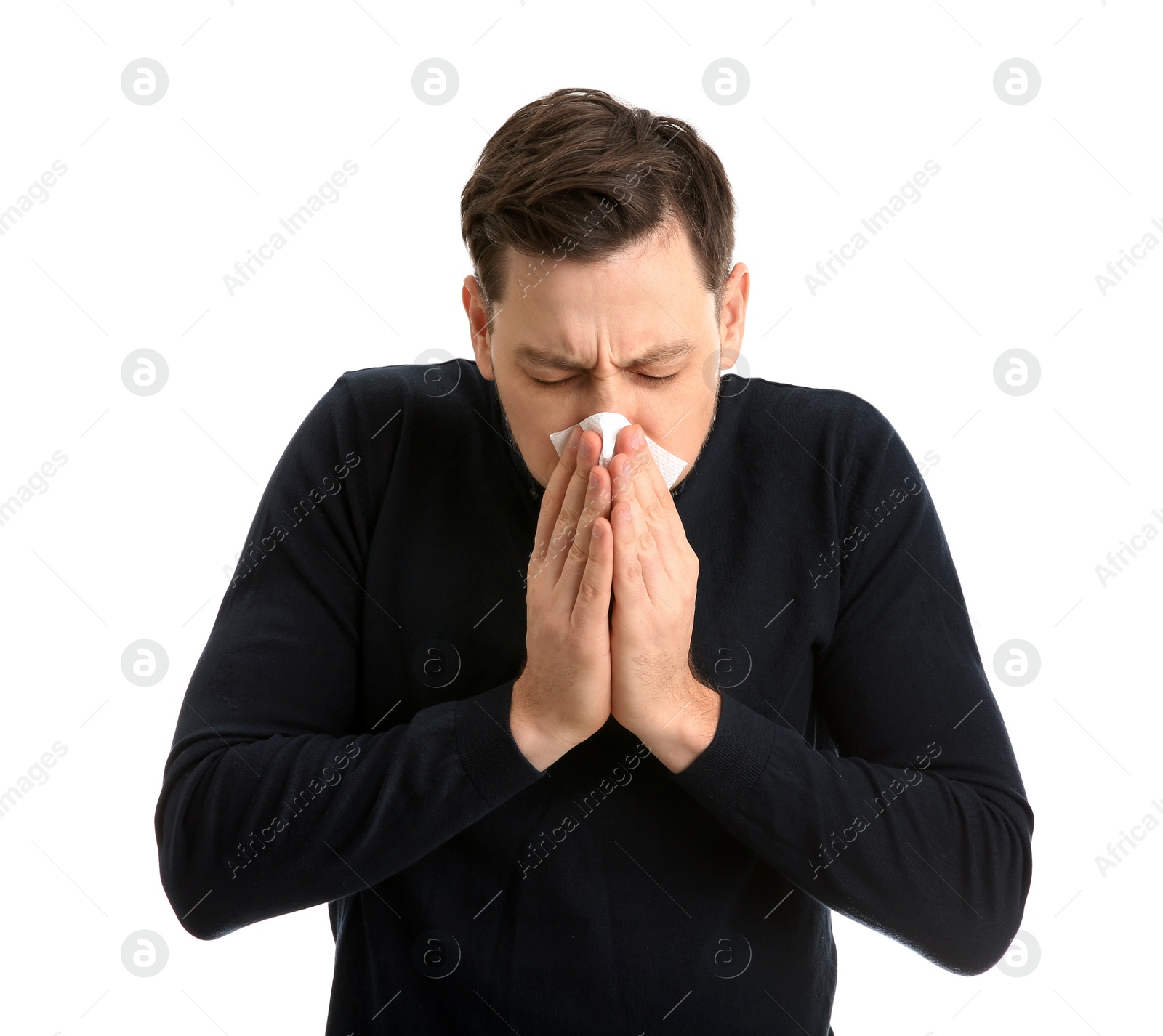 Photo of Man suffering from cold isolated on white