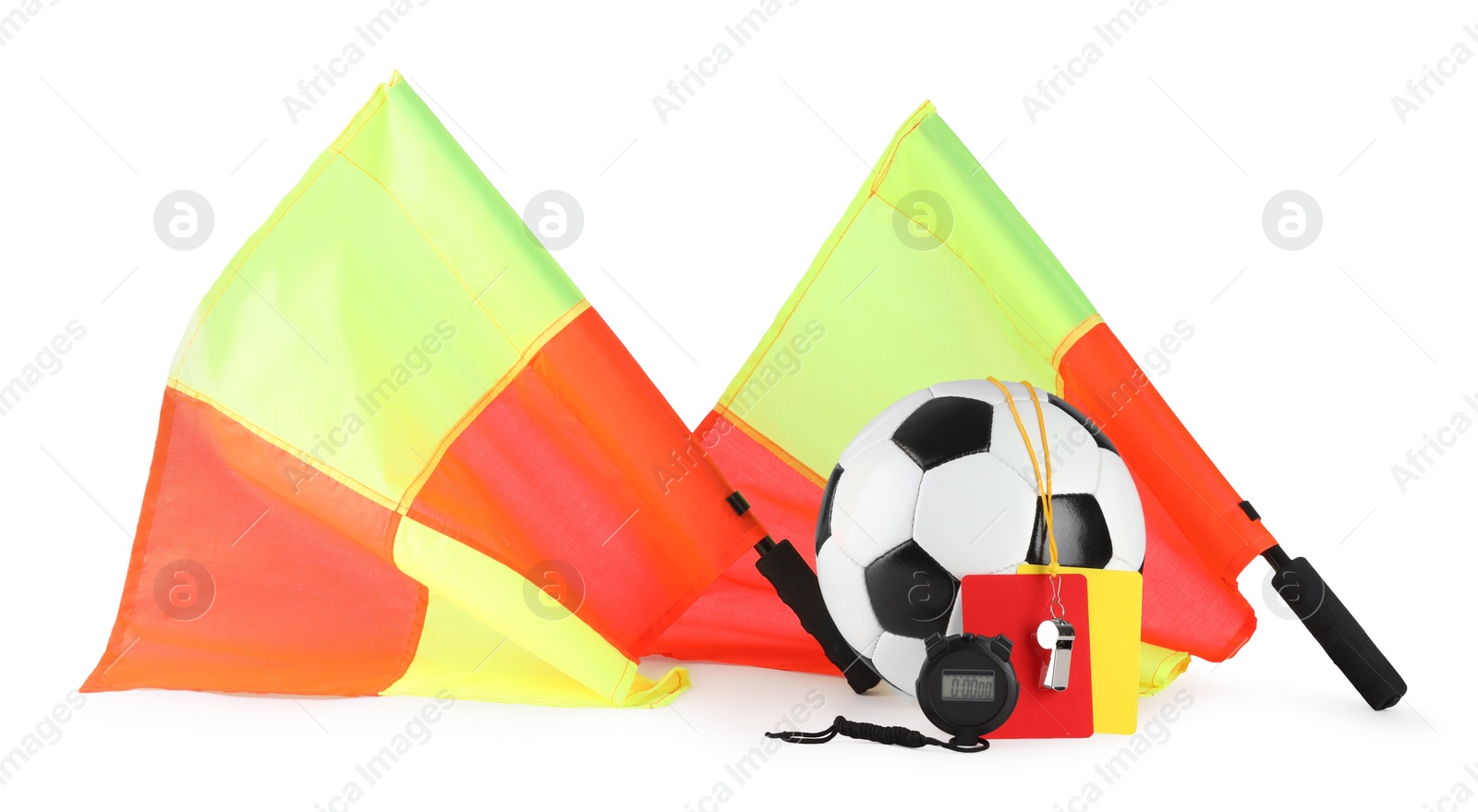 Photo of Soccer ball and different referee equipment isolated on white