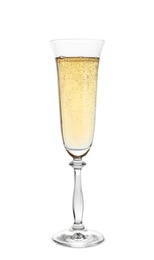 Glass of sparkling champagne isolated on white