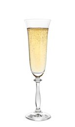 Photo of Glass of sparkling champagne isolated on white