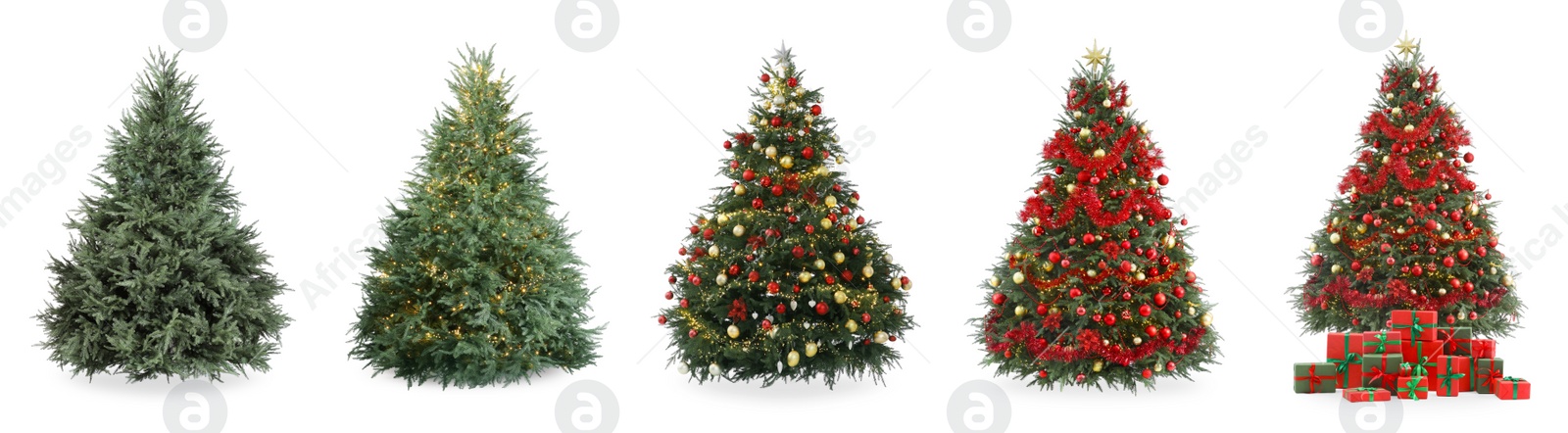 Image of Christmas tree isolated on white, step-by-step decorating