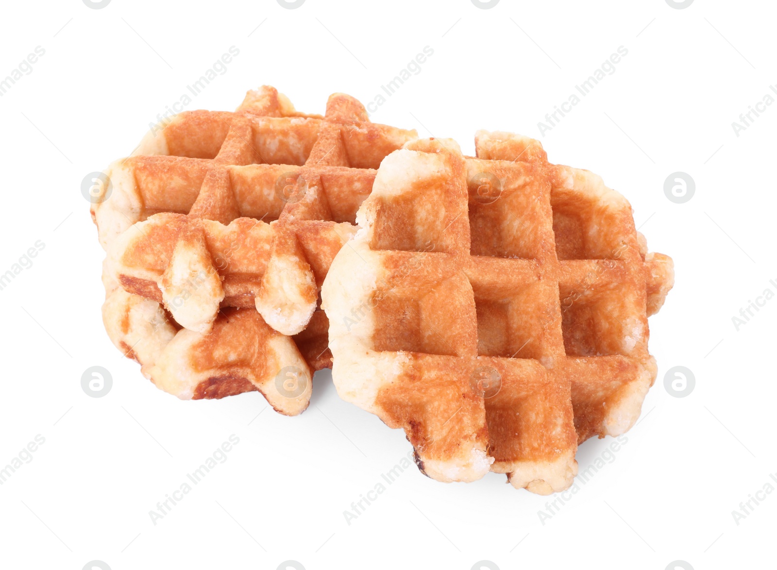 Photo of Many delicious Belgian waffles isolated on white